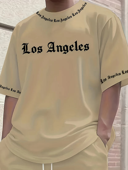 Men'S Los Angeles Graphic Print Casual Sportswear Set - Breathable Summer Short Sleeve T-Shirt & Drawstring Shorts with Pockets, Regular Fit, Crew Neck, Comfortable & Stylish for Casual Attire, Leisure Clothing | Trendy Sport