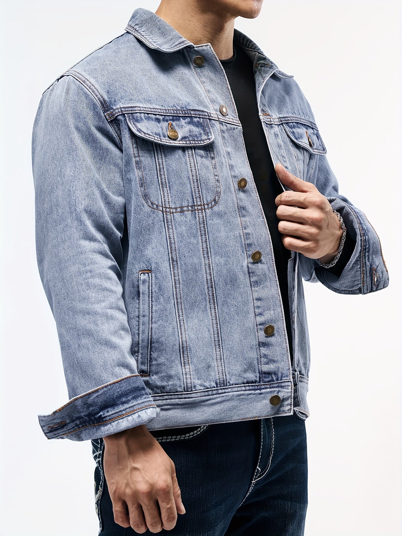 Men's Stylish Denim Jacket - Casual Long Sleeve with Flap Pockets, Machine Washable