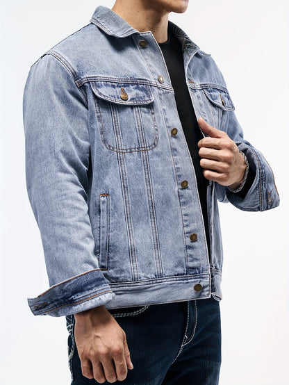 Men's Stylish Denim Jacket - Casual Long Sleeve with Flap Pockets, Machine Washable