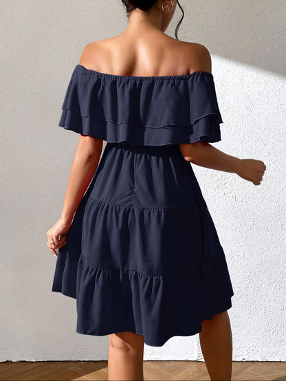 Կանացի «Off the Shoulder Ruffle» Casual զգեստ, պոլիեսթեր 100%, միաձույլ, կահավորված, հյուսված, բոլոր սեզոնների համար