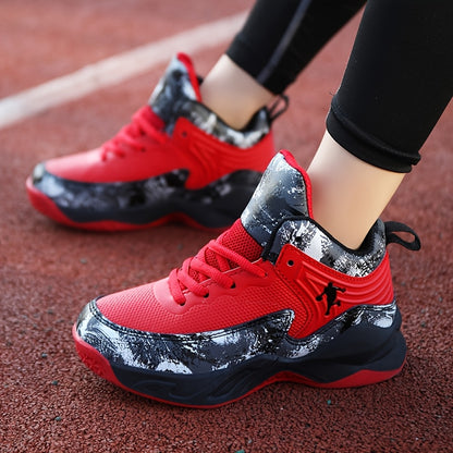 Youth Mid-Top PU Sports Sneakers - Comfortable, Lace-Up Basketball Shoes with Red & Black Design, TPR Sole for Outdoor Training, Running & Casual Wear, Basketball Shoes