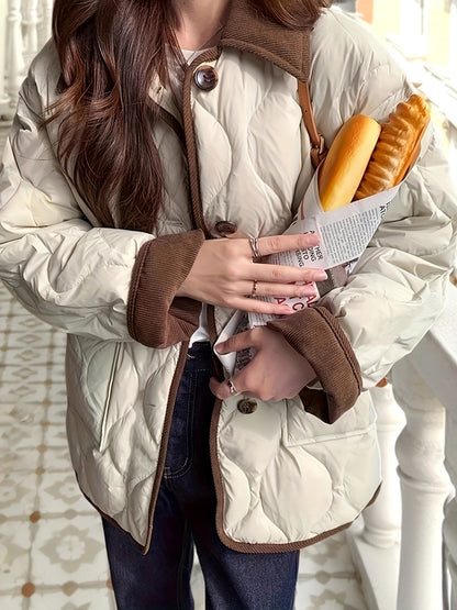 Women's Navy Blue Quilted Jacket with Faux Fur Trim - Elegant Long Sleeve Outerwear, Polyester, Button-Up Front, Warm & Stylish for Winter