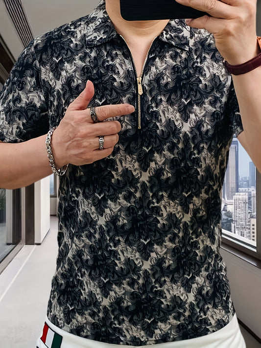 Men's Short Sleeve Shirt with Zipper Front - Black & White Floral Print Summer Casual T-Shirt, Breathable Stand Collar, Regular Fit for Casual Attire, Easy Care Fabric