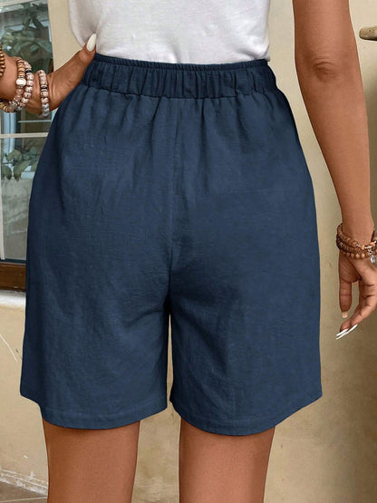Women's High-Waist Straight Leg Pants with Tie Waist - Casual Navy Blue Polyester Summer Shorts, Machine Washable, Elegant & Comfortable Design