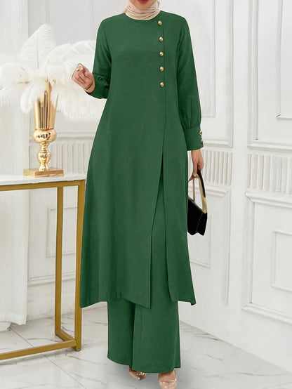 Ramadan, Women's Front-Button Long Sleeve Slit Dress & Pants Casual Arabic Style 2pcs Set, Only Clothes, Without Headscarf