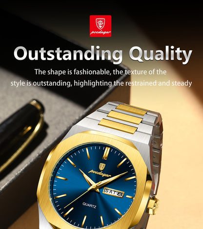 POEDAGAR Men'S Luxury Quartz Watch - Waterproof, Luminous Calendar, Stainless Steel Band, Business Style, Blue & Golden Accents, 3ATM, Non-Rechargeable Button Battery, Perfect for Spring Festival & Valentine'S Day Gifts