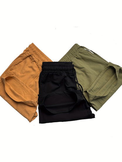 Men's Summer Cotton Drawstring Elastic Waist Straight-Leg Solid Color Breathable Casual Beach Shorts - 3pcs