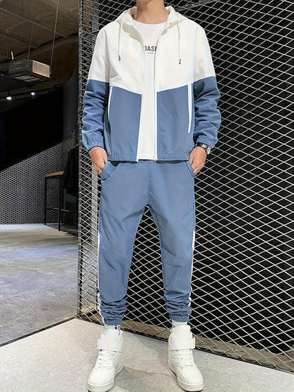 Men's Casual Athletic Hoodie and Pants Set - Color Block Design, Polyester, Machine Washable, Spring/Fall Sportswear, Blue & White Two-Piece Outfit, Everyday Activewear|Modern Athletic Look|Polyester Sportswear