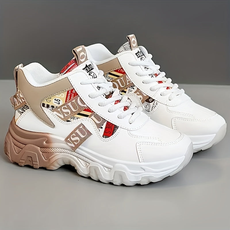 Women's Chunky Platform Sneakers - High-Top Lace-Up Shoes with Cushioned PVC Sole, Beige/White/, Synthetic Cover Upper - All-Season Outdoor, Casual, Office Shoes for Everyday & Formal Outfits - Lightweight Thick Platform Foot