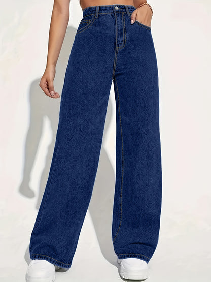 Women'S High-Waisted Straight Leg Jeans, Casual Stretch Denim Pants, Solid Color, Full Length, with Pockets, for Spring/Summer/Fall