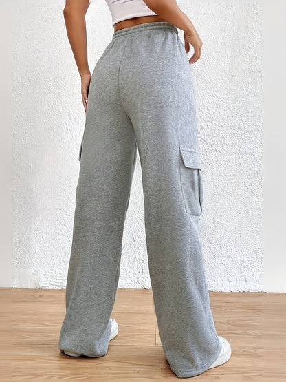 Women's Casual Jogger Pants with Elastic Waist & Side Zipper Pockets - Heather Grey Wide-Leg Lounge Pants, Fold-Over Cuffs, Machine Washable for Spring/Fall, Relaxed Fit Pants | Wideleg Joggers | Soft Fabric Pants