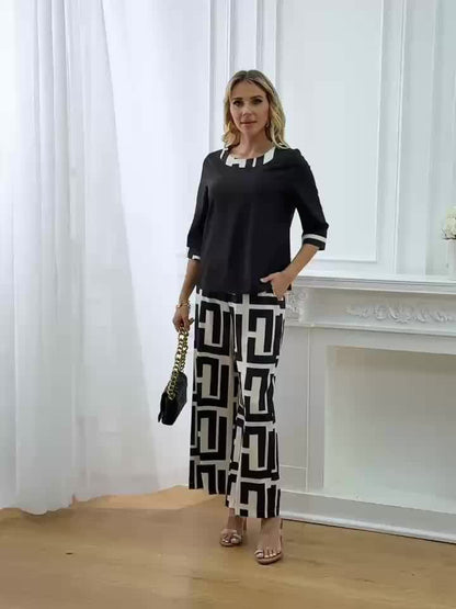 Women's Elegant Spliced Round Neck Top + Geometric Print Wide-Leg Pants Two-Piece Set