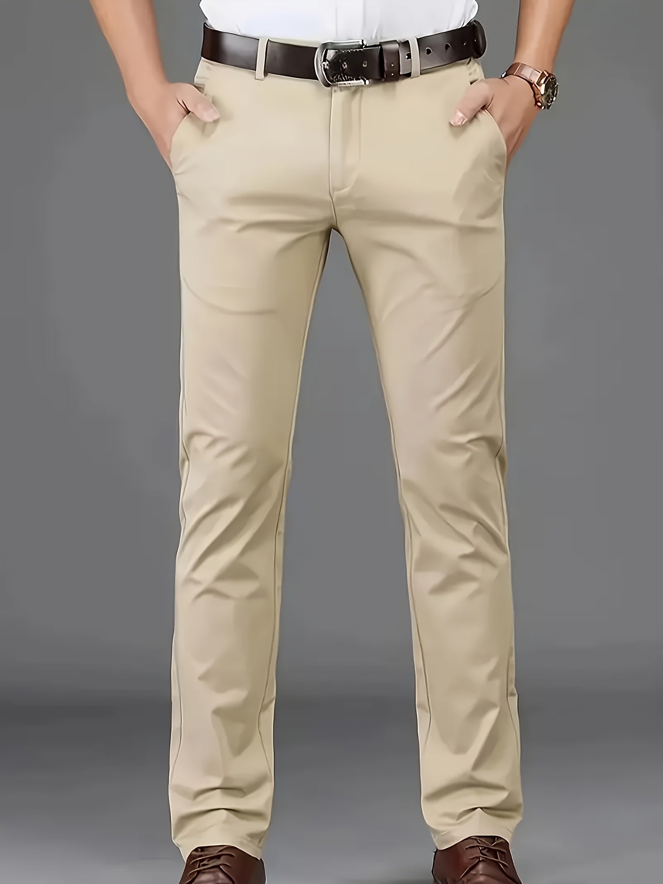 [Durable Build] Men's All-Season Casual Dress Pants - Business Style Stretch Trousers, Comfortable Classic Design, Light Brown Polyester Blend, Machine Washable, Smooth Finish, Regular Fit for Office or Leisure Wear