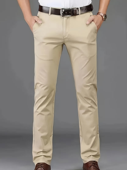 [Durable Build] Men's All-Season Casual Dress Pants - Business Style Stretch Trousers, Comfortable Classic Design, Light Brown Polyester Blend, Machine Washable, Smooth Finish, Regular Fit for Office or Leisure Wear