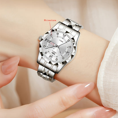 1pc Women's Stainless Steel Watch with Luminous Blue Dial, Date & Day Display, High Quality IPX7, Quartz Movement - Casual Elegant Design for Sports & Travel, Birthday Holiday Gift, Casual Attire, Secure Clasp Wristwatch