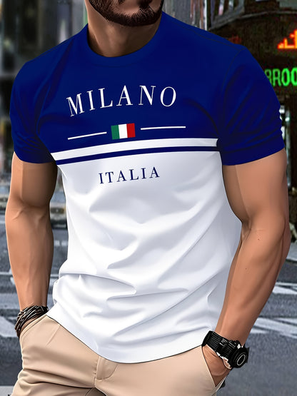 Men's casual short-sleeve round-neck striped polyester knit T-shirt, breathable, 110g/m², slightly stretchy, regular fit, smooth texture, suitable for summer weekend wear