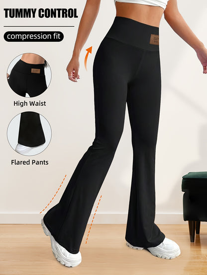 High-Waisted Flared Leggings for Women - Stretchy Black Polyester Pants with Tummy Control, Slimming Fit, and Breathable Design for Spring/Summer/Fall Casual Wear, Spring Summer Leggings | Fitted Leggings | Elastic Waistband