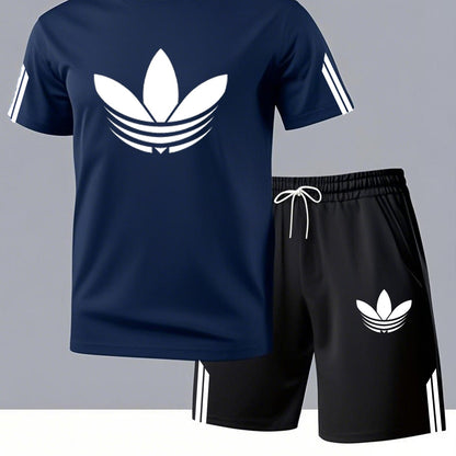 ADIDA Letter Set Short Sleeve + Shorts Two-Piece Men's Fashion Casual Round Neck T-Shirt Outfit, European Style Trendy Short Sleeve Set