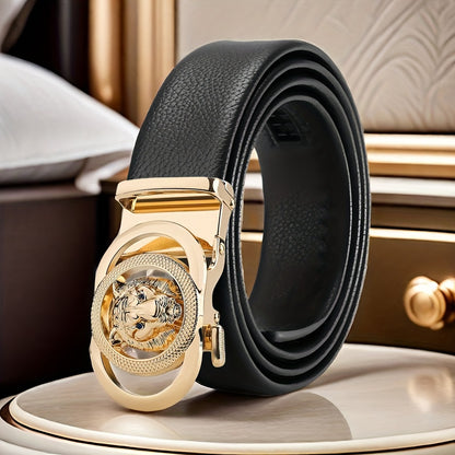 1pc Men'S Automatic Buckle Faux Leather Belt - Elegant Black Business Style with Golden-Tone Buckle, Perfect for Weddings, Business, and Casual Wear - Ideal Gift for Husband or Dad, Formal Belt | Sophisticated Belt | Durable