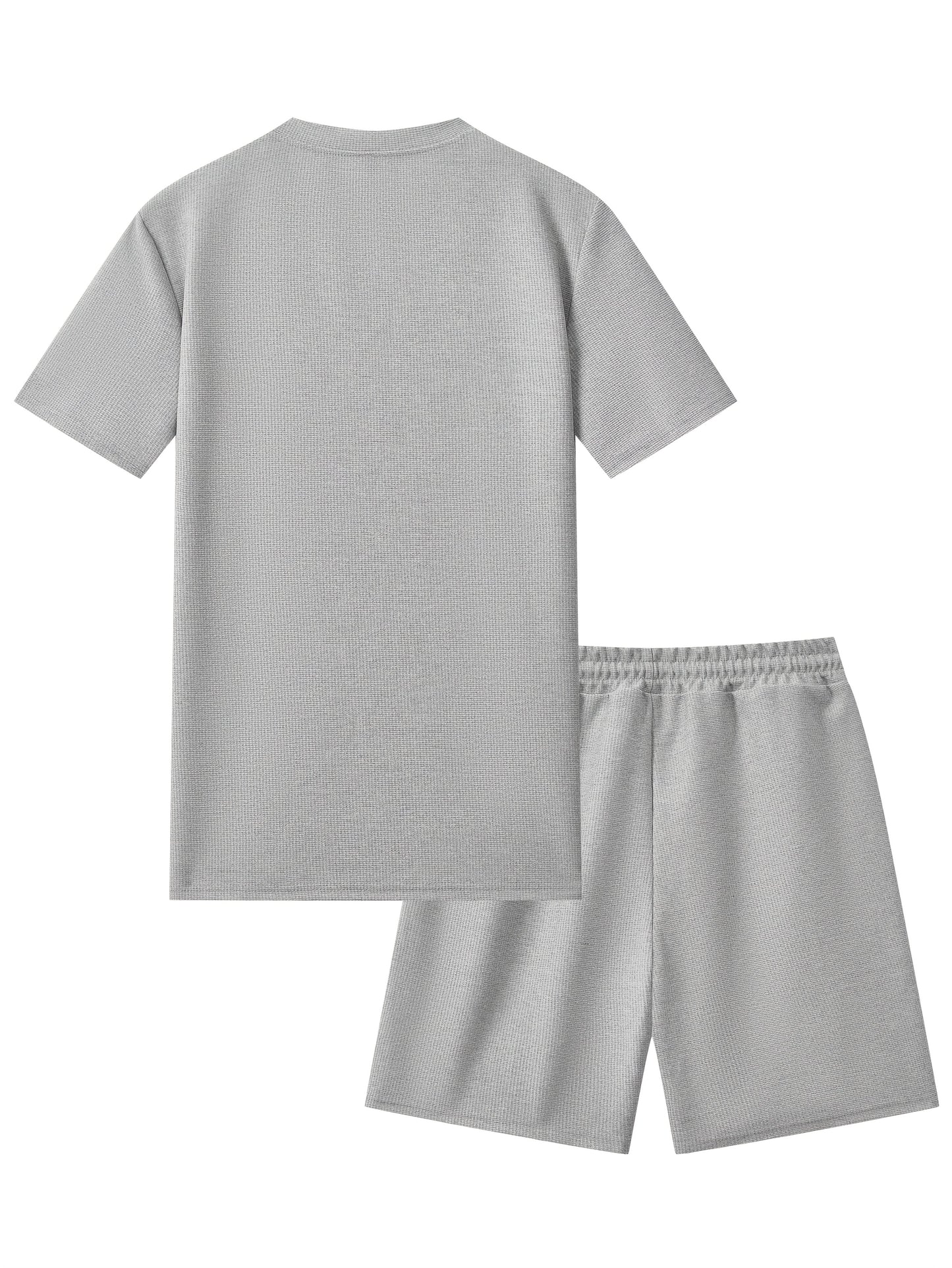 Men's Waffle Round Neck Top with Label, Short Sleeve T-shirt and Drawstring Shorts for Clean and Comfortable Spring/Summer Wear