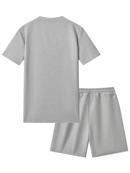 Men's Waffle Round Neck Top with Label, Short Sleeve T-shirt and Drawstring Shorts for Clean and Comfortable Spring/Summer Wear