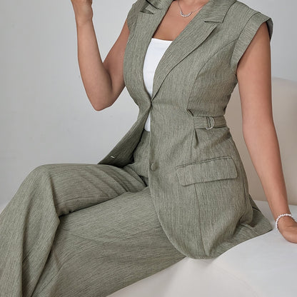 Stylish Women'S Elegant Modern Two-Piece Set with Side-Waist Design, Solid Color Sleeveless Jacket and Pants for Spring/Summer