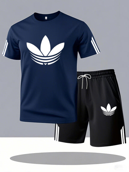 ADIDA Letter Set Short Sleeve + Shorts Two-Piece Men's Fashion Casual Round Neck T-Shirt Outfit, European Style Trendy Short Sleeve Set