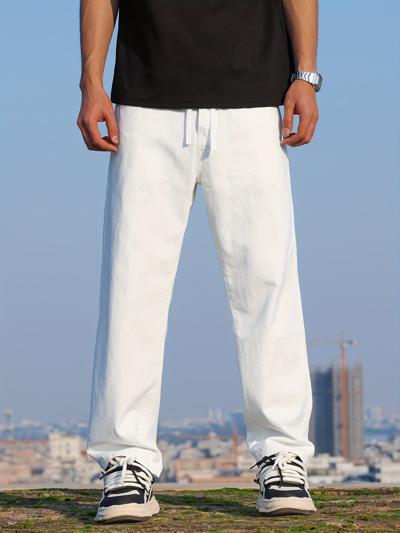 Loose Cotton Blend Men's Solid Wide Leg Pants, Men's Casual Denim Pants, All Seasons