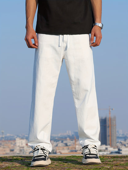 Loose Cotton Blend Men's Solid Wide Leg Pants, Men's Casual Denim Pants, All Seasons