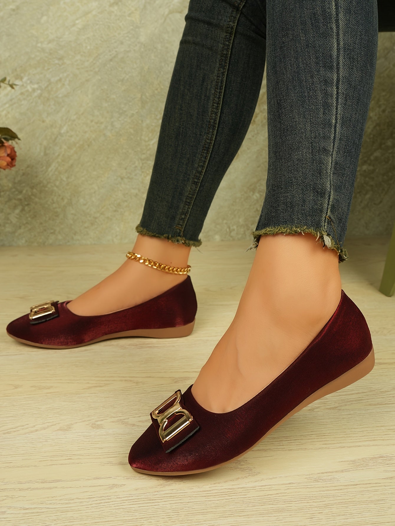 Women's Elegant Red Slip-On Flats with Golden Double Buckle Design - Comfortable Faux Cover Shoes for All Seasons, Pointed Toe Rubber Sole, Perfect for Casual or Dressy Occasions, Dressy Flats | Buckle Embellished Shoes | Lux