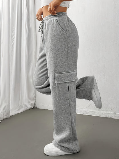 Women's Casual Jogger Pants with Elastic Waist & Side Zipper Pockets - Heather Grey Wide-Leg Lounge Pants, Fold-Over Cuffs, Machine Washable for Spring/Fall, Relaxed Fit Pants | Wideleg Joggers | Soft Fabric Pants