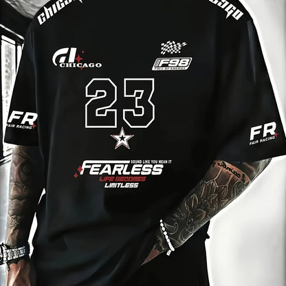 A Men'S Racing Icon #23 3D Print Short-Sleeve T-Shirt - Casual Streetwear, Breathable Sportswear, Round Neck, Summer Fashion Top, Unique Letter Print Design, Made of 100% Polyester, Slightly Stretchy Knitted Fabric, Suitable