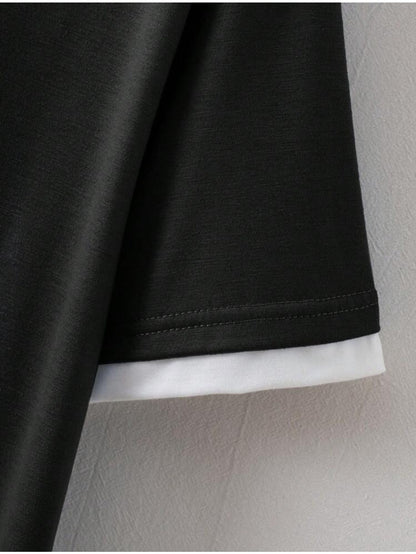 1pc of Men's black and white color-block round neck casual short-sleeve T-shirt