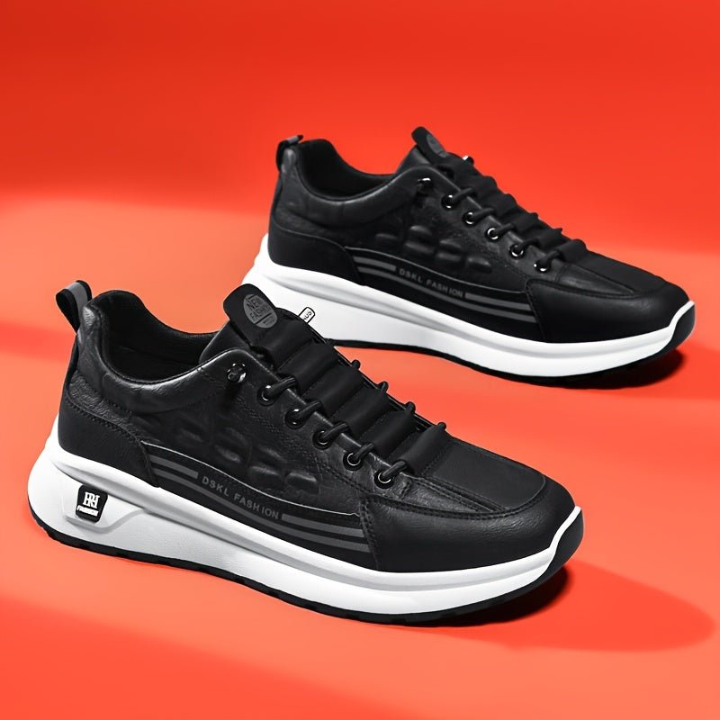 Men's Breathable Casual Sneakers - Comfortable, Versatile & Stylish Shoes for Running, Sports & Casual Attire, Black with White Accents, PU Upper & PVC Sole, Round Toe, Lace-Up Design, All-Season Use