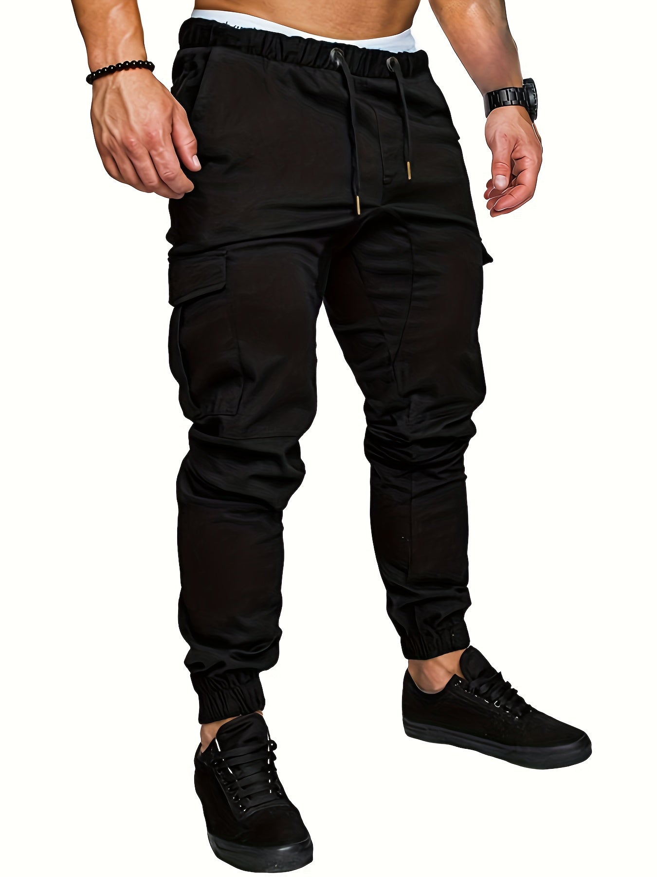 Men'S Casual Cargo Pants, 95% Cotton 5% Spandex, Skinny Fit, Solid Color, Long Length, Woven Fabric, Non-Stretch, with Pockets, 215g/m² Weight