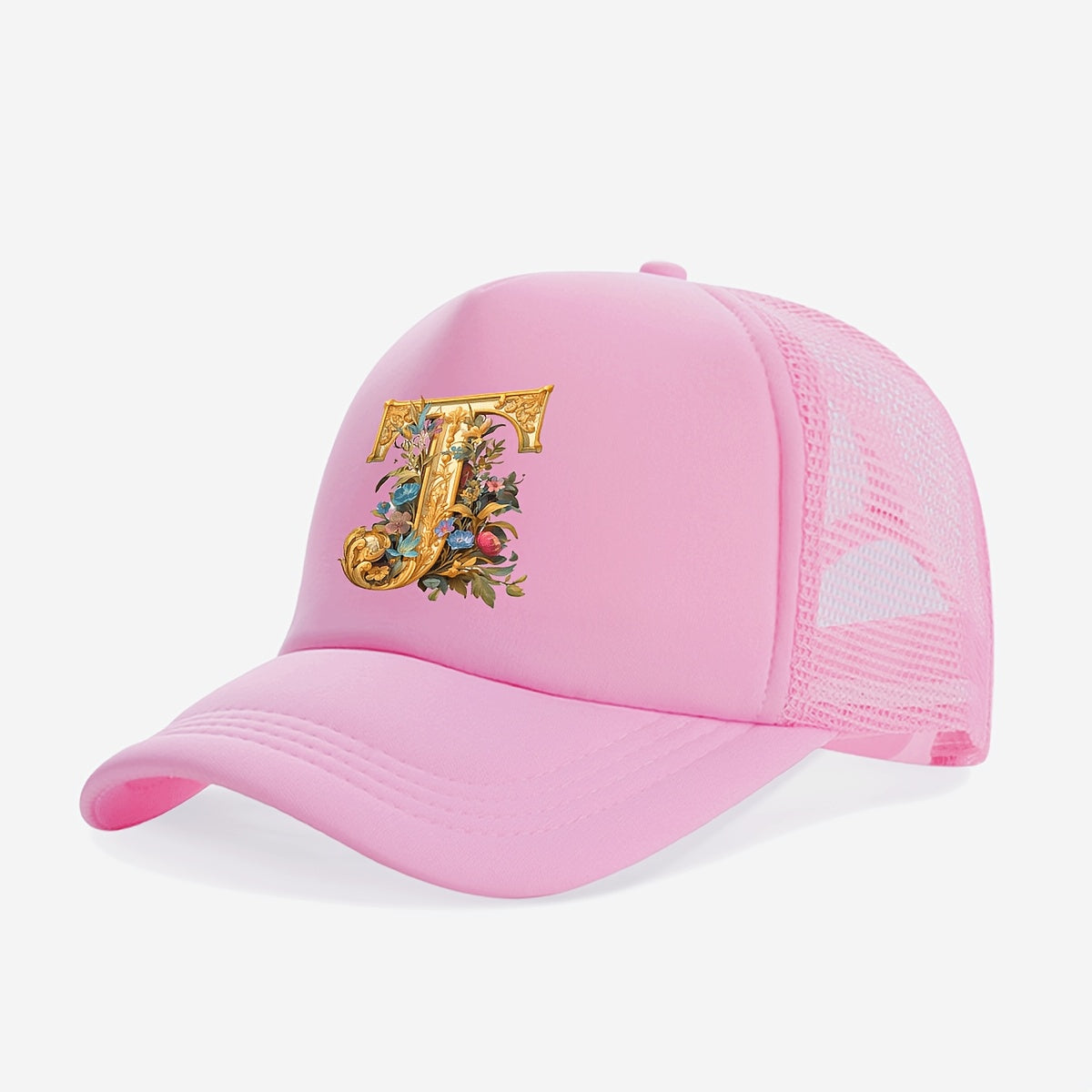 1-Pack Youngsters Trucker Hat with Golden Floral Letter A Design - Breathable Sun Protection, 100% Polyester, Adjustable Snap Closure, Pink for Spring/Summer Outdoor Play, Back to School, Thanksgiving, Teacher's Day (Ages 3-1