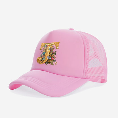 1-Pack Youngsters Trucker Hat with Golden Floral Letter A Design - Breathable Sun Protection, 100% Polyester, Adjustable Snap Closure, Pink for Spring/Summer Outdoor Play, Back to School, Thanksgiving, Teacher's Day (Ages 3-1