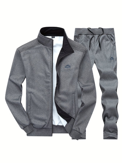 Men'S Casual Sportswear Set - Black Zip-Up Jacket & Pants with White Logo, Regular Fit, Spring/Fall Collection, Non-Stretch Fabric, Casual Attire|Zipup Jacket|Pants with Logo, Sweater Pants