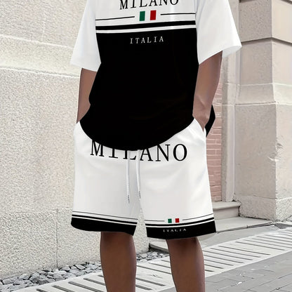 Men'S Casual "Milano Italia" Graphic Tee & Shorts Set - Black & White, Breathable Summer Outfit with Drawstring Waist, Comfortable for Casual Attire, Casual Attire|Italianinspired Design|Stretchy Fabric