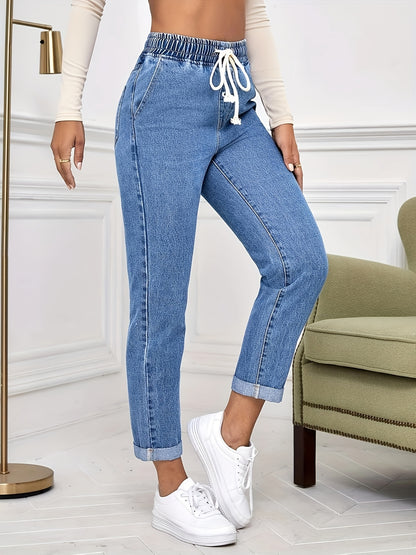 Women's Stretch Denim Tapered Jeans with Elastic Waistband & Rolled Cuffs - Light Wash, Mid-Rise, Versatile Casual Style for Spring/Summer/Fall, Casual Denim Wear | Modern Tapered Jeans | Smooth Texture Jeans