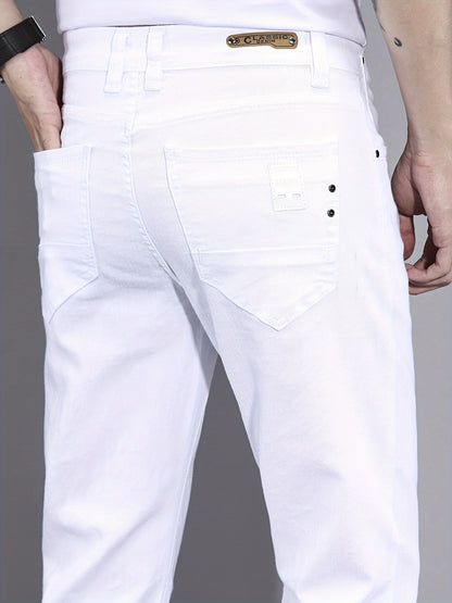 Men's Solid Washed Denim Trousers With Pockets, Causal Cotton Blend Jeans For Outdoor Activities