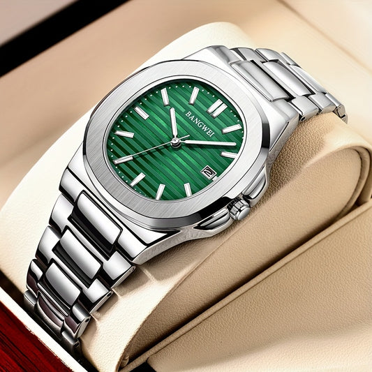 LIGE Unisex Stainless Steel Quartz Watch - Green & White Dial, Chronograph, Date Display, Rotating Bezel, Business & Sporty Design for Men and Women