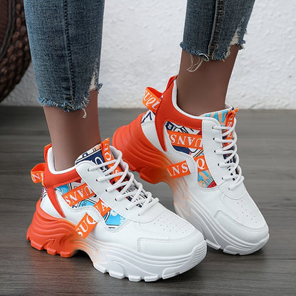 Women's Letter Design Chunky Sneakers, Fashion Lace Up Outdoor Shoes, Comfortable Low Top Sport Shoes