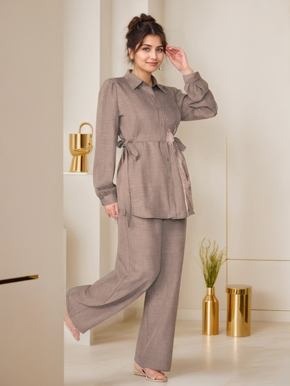 Two-Piece Abaya Set with Wide-Leg Pants, Long Sleeve Design with Back Tie, Suitable for Office and Daily Wear, Soft and Stretchable Fabric, Elegant Middle Eastern Style, Comfortable, Machine Washable, Practical and Stylish