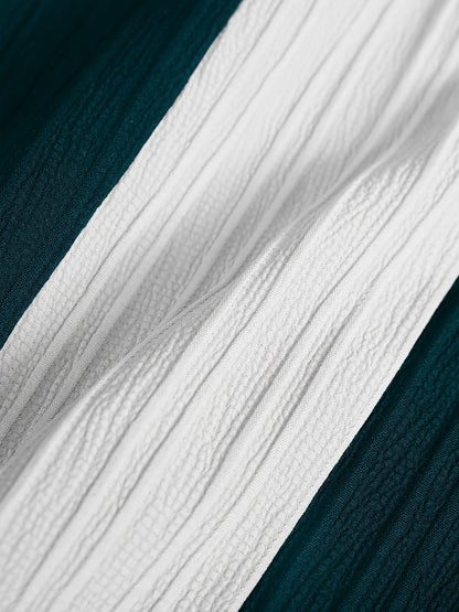 Men'S Color Block French Stripe Short Sleeve Shirt and Pants Set - Casual Button-Up Blazer with White Stripes, Dark Green Pants, Regular Fit for Casual Attire, Versatile Menswear | French Stripe Design | Nonstretch Fabric