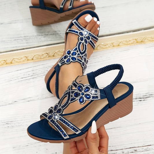 Vibrant Comfort | Bohemian Style Women's Rhinestone Wedge Sandals, Open Toe Platform Heel with Elastic Strap, Summer Beach Music Festival Slip-On Shoes, Man-Made Upper/Inner/Insole, TPR Sole, Beach Sandals | Toe Post Sandals