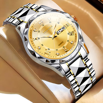 Elegant Men's Stainless Steel Watch with Dual Calendar, Luminous Display & Rhinestone Accents - Perfect for Business or Casual Wear