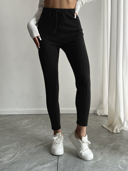 High-Waisted Drawstring Skinny Knitted Pants For Everyday Wear - Solid Color Women's Casual Clothing