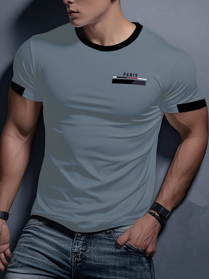 Men'S Paris Graphic T-Shirt - Green Polyester Crew Neck Tee with White Stripes & Print - Casual Sporty Knit Top for Casual Attire, Breathable Fabric