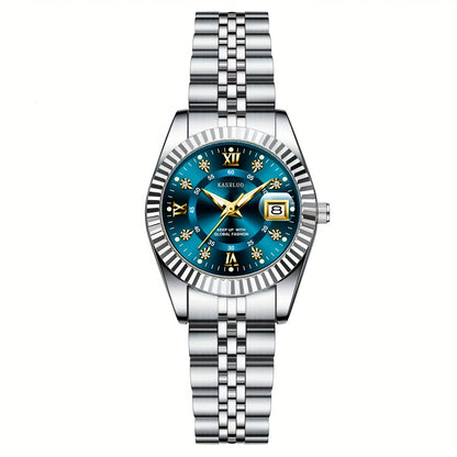KASRLUO Elegant Women's Quartz Watch - Luminous Date, Stainless Steel Band, Precise Movement with Moon Phase Calendar, Timepiece